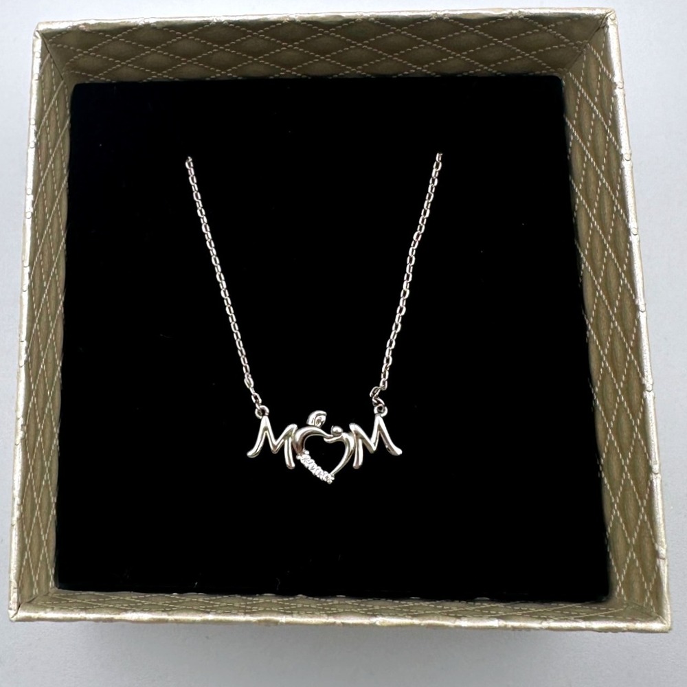 Silver-Tone "MOM" Heart Necklace with Cubic Zirconia Accents Gift Box Included